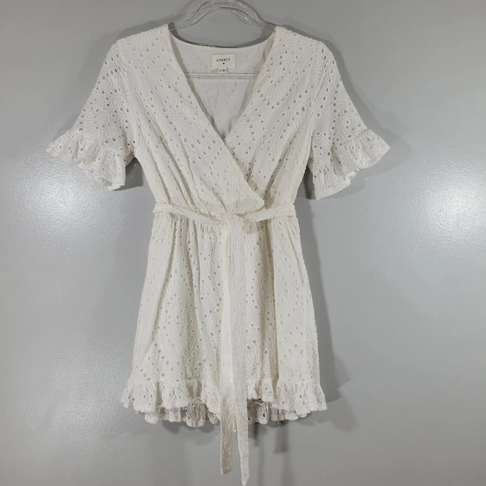 EVERLY white eyelet surplice faux wrap belted cotton ruffle hem romper